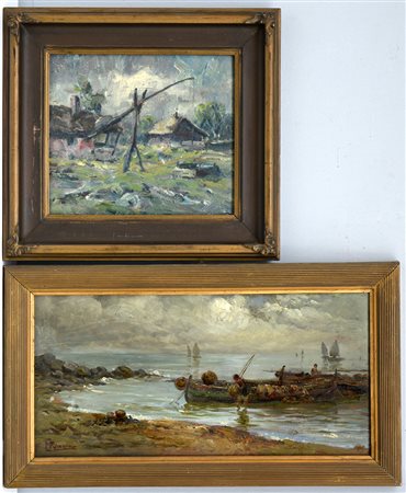 Lotto di due olii raffiguranti pescherecci e un paesaggio agreste, autori e...
