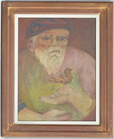 Nillo Tinazzi (1922) "Il vecchio col passero" olio su tela (cm 61x46,5)...