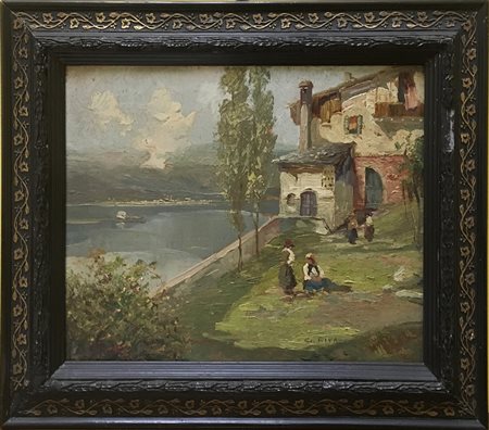 Scuola del secolo XIX-XX "Scorcio di Lago" olio su compensato applicato su...