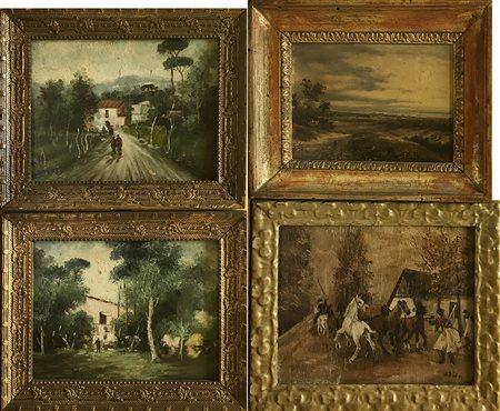 Lotto di quattro piccoli dipinti ad olio dei secoli XIX-XX raffiguranti...