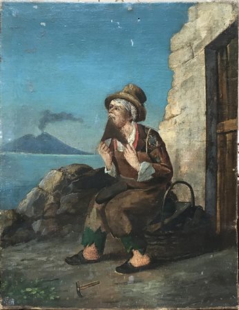 Ignoto "Ciabattino con Vesuvio sullo sfondo" olio su tela (cm 48x39)(difetti...