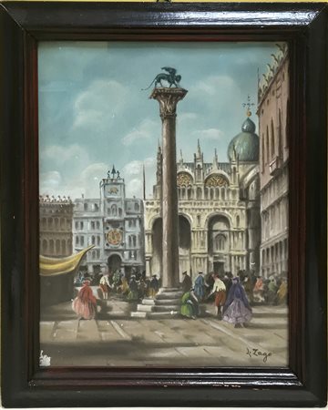 Scuola veneta del secolo XIX "Maschere in Piazza San Marco a Venezia" tecnica...