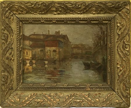 Scuola del secolo XIX "Scorcio di Città fluviale con barche" olio su...