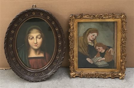 Lotto composto da un verre peint raffigurante madre con figlia in cornice...