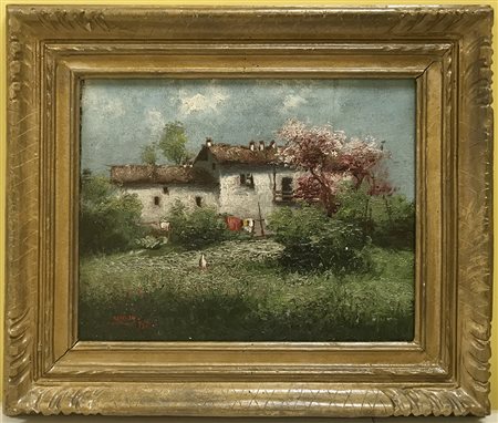Scuola del secolo XIX "Paesaggio con cascina" 1921 olio su cartone telato (cm...