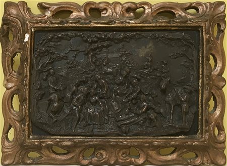 Arte del secolo XIX, "Il bivacco" placca in rame sbalzato (cm 8,5x13) montato...