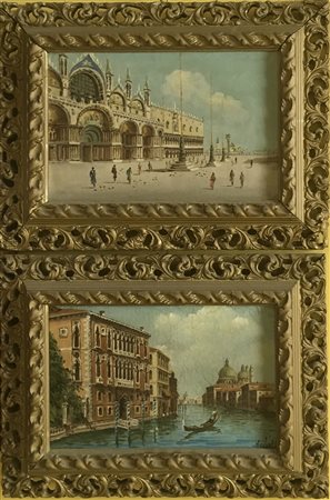 Firma indecifrata "Scorci di Venezia" coppia di olii su tela (cm 19x29)...