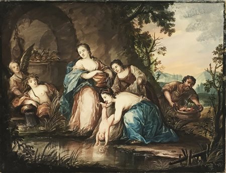 Scuola del secolo XIX, "Il battesimo" acquarello su carta pergamena (cm...