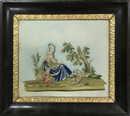 Ricamo in seta a punto lanciato su fondo di taffettà di seta raffigurante...