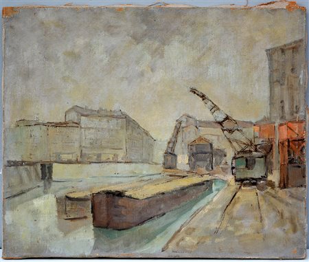 Ignoto "Darsena" olio su tela (cm 50x60) (difetti)