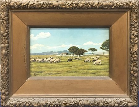 Firma indecifrata “Paesaggio con gregge” olio su compensato(cm 20x32) firmato...