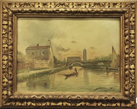 Firma indecifrata “Scorcio fluviale” olio su cartone (cm 22x30) firmato in...