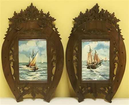 Ignoto, "Marina con Barche" coppia di olii su rame (cm 15x10) in cornici...