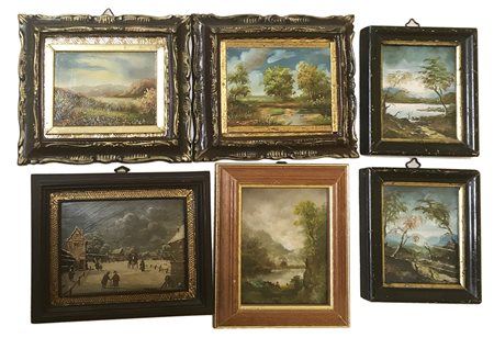 Lotto composto da sei piccoli dipinti ad olioraffiguranti paesaggi di autori...