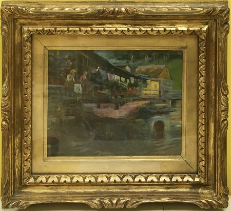 Scuola lombarda del secolo XIX "Scorcio di Lago con lavandaie" olio su...