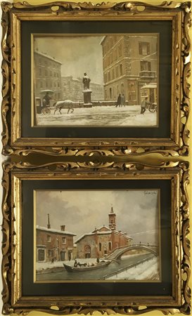 Ignoto "Scorci di Milano" coppia di dipinti ad olio su compensato(cm 18x25)...