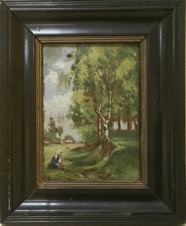 Scuola lombarda del secolo XIX, "Paesaggio con figura" olio su tavoletta (cm...