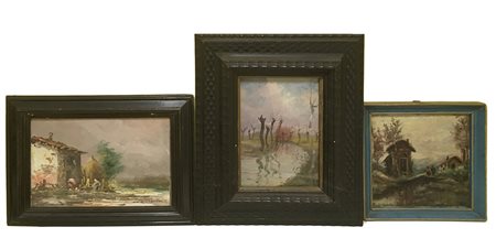 Lotto di tre dipinti ad olio raffiguranti paesaggi, autori e misure diverse,...