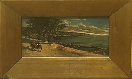 Scuola lombarda del secolo XIX “Veduta costiera” olio su cartone pressato (cm...