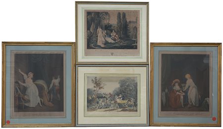 Lotto di quattro incisioni francesi a colori raffiguranti scene di genere,...