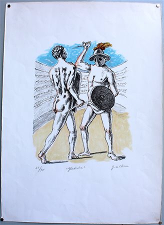 Giorgio De Chirico (Volos 1888 - Roma 1978) "Gladiatori" litografia a colori,...
