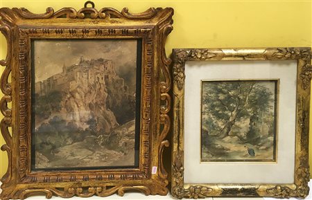 Lotto di due acquerelli del secolo XIX raffiguranti paese sulla rupe e...
