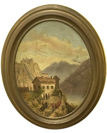 Scuola del secolo XIX "Scorcio di lago con militari" olio su cartone ovale...