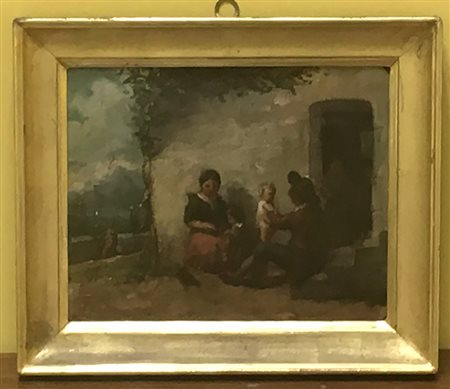 Ignoto fine secolo XIX "La famiglia" olio su tavoletta (cm 20x25) in cornice...