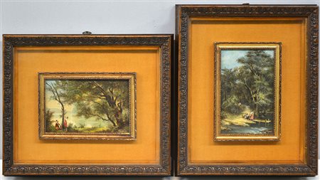 Firma indecifrata "Paesaggi con figure" due dipinti ad olio su rame (cm 9x14)...