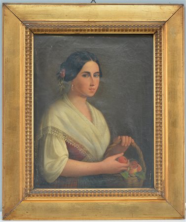 Luigi Maurelli (Attivo a Napoli 1846 - 1871) "Contadina con cesta di frutta"...