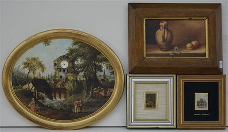 Lotto composto da quattro piccoli quadretti di differente soggetto, di cui...