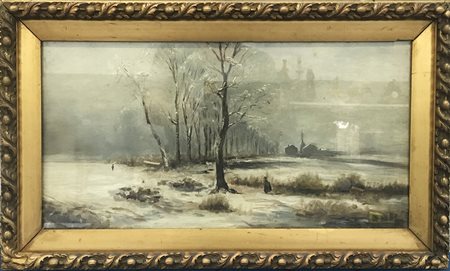 Scuola del secolo XIX “Paesaggio invernale” olio su tela (cm 30,5x60) in...