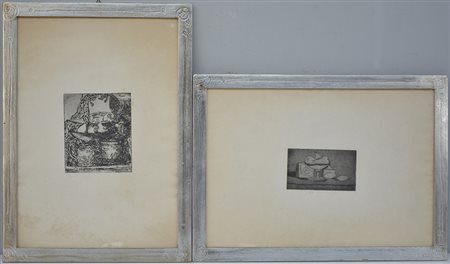 Nillo Tinazzi (1922) Lotto di due acqueforti raffiguranti nature morte con...