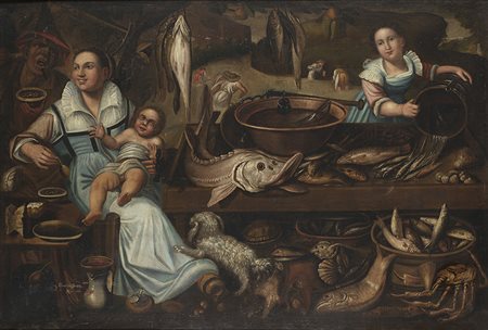 Maestro lombardo del secolo XVII, da Vincenzo Campi "Pescivendoli" olio su...