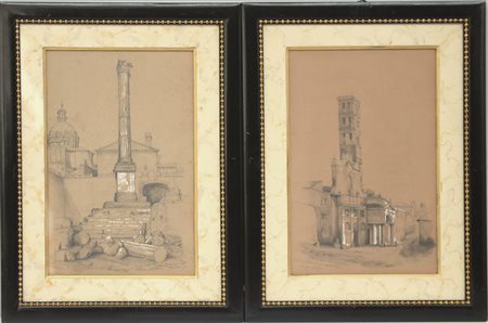 Scuola del Secolo XIX, "Scorci con rovine e monumenti" 1852/53, coppia di...