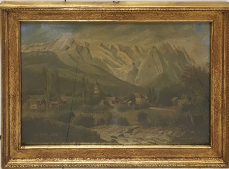 Scuola austriaca del secolo XIX "Paesaggio pedemontano" olio su cartone (cm...