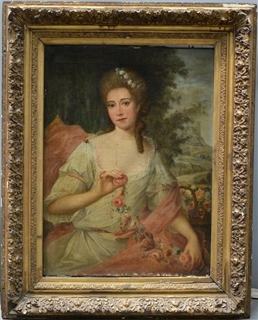 Ignoto del secolo XIX, "Nobildonna in abiti di Flora" olio su tela (cm 98x74)...