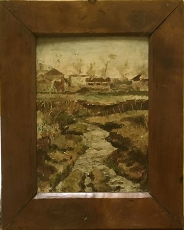 Firma indecifrata "Scorcio con case e ruscello" olio su cartone pressato (cm...