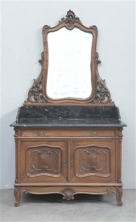 Mobile toilette ad un cassetto e due sportelli, piano in marmo nero e alzata...