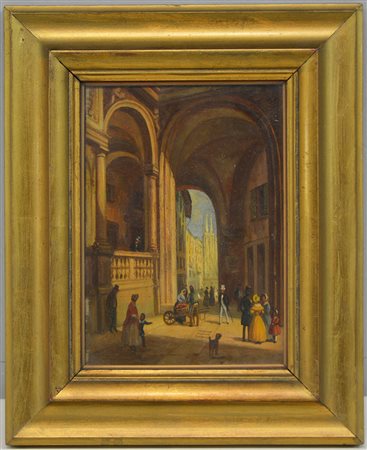 Ignoto, "Vicolo di Milano" olio su tavoletta (cm 18x13) in cornice