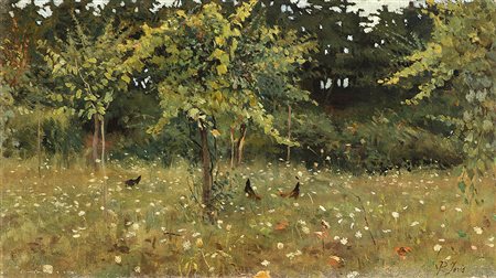 Pio Joris (Roma 1843 - 1921) "Paesaggio con galline" olio su tela applicata a...