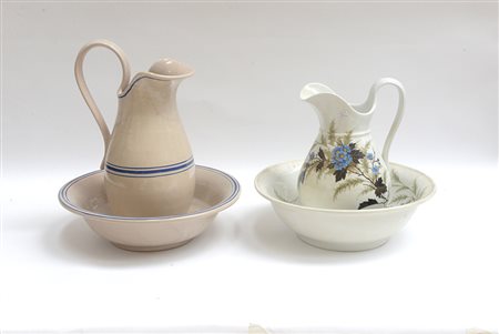 Lotto di due catini con brocche di manifatture differenti (difetti)