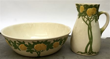 Manifattura Sarreguemines, catino con brocca per l'acqua in ceramica decorata...