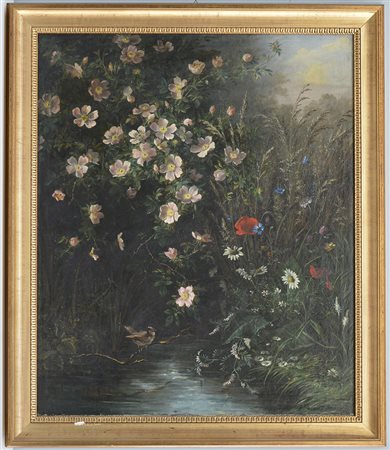 Amann "Paesaggio con fiori e volatile" olio su tela (cm 80x70) Firmato in...