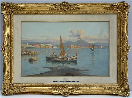 G. Carelli "Golfo di Napoli" olio su tela applicata a cartone (cm 33x52)...