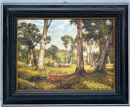 Palanti "Il taglio degli alberi" olio su tela (cm 30x40) firmato e datato...