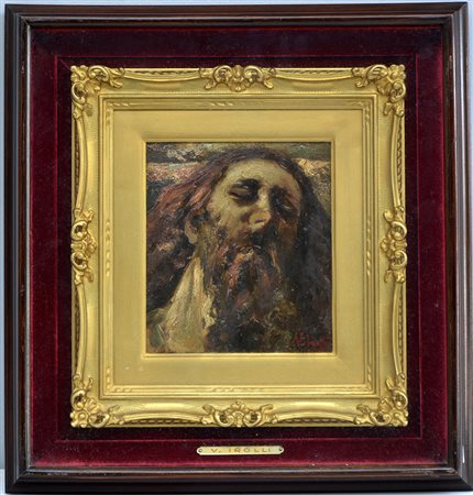 V. Irolli "Cristo redentore" olio su tavoletta (cm 20x18) Firmato in basso a...