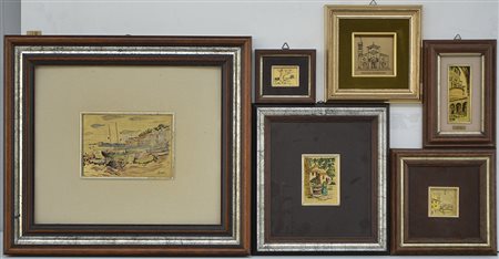 Gruppo di sei quadretti con incisioni su foglia d'oro raffiguranti paesaggi