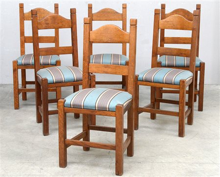 Gruppo di sei sedie con schienale a giorno e seduta in tessuto a righe (lievi...