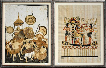 Lotto composto da due pannelli decorativi, uno su tessuto (cm 41x30)